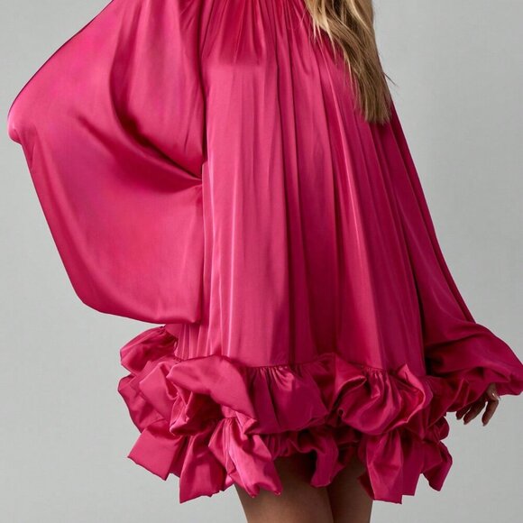 Hot Pink Party Women's Ruffle Hem High Neck Satin Elegant Mini Dress - Picture 8 of 8